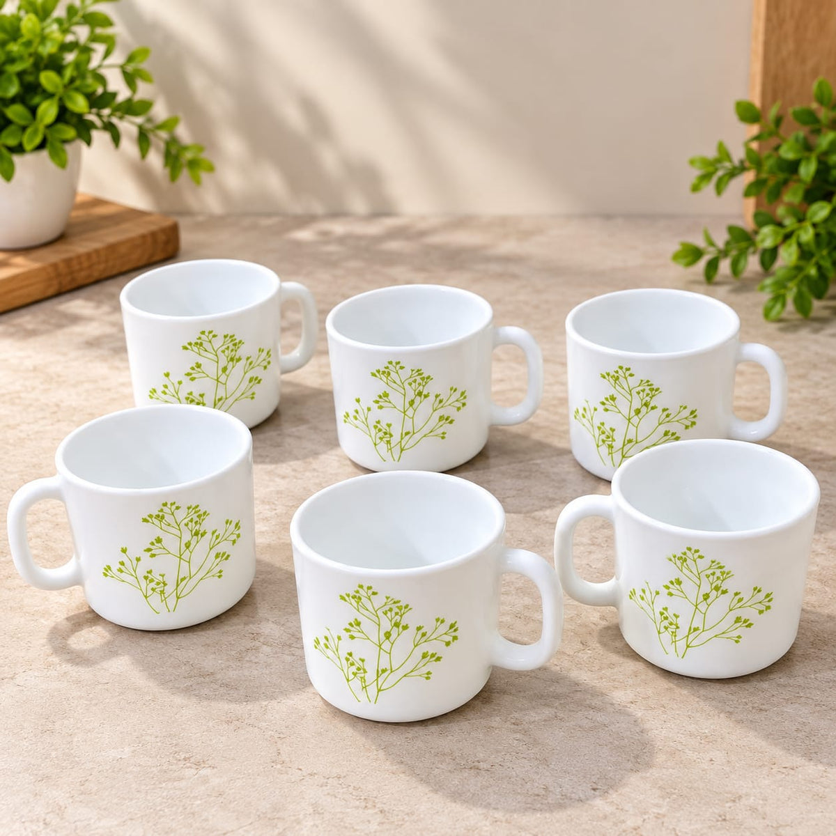 La Opala Blissfull Green Cup Set of 6, 120 ML Each | Elegant White Cups with Green Botanical Design | Stylish Tea, Coffee & Beverage Cups