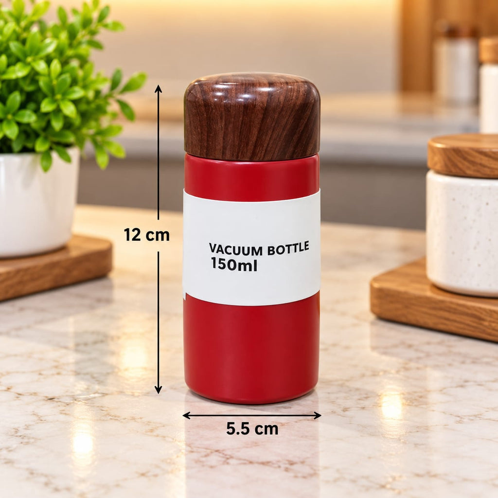 Pocket Thermos 150 ML Vacuum Flask, 1 Piece | Compact Insulated Bottle with Stylish Wooden-Finish Cap | Mini Thermos Bottle for Tea, Coffee, Hot & Cold Beverages | Red