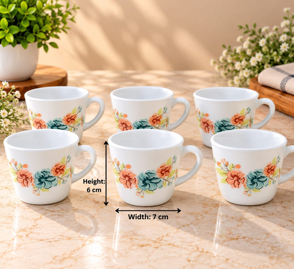 Cello Vogua Meadow Cup Set of 6, 100 ml, White Floral Printed Tea and Coffee Cups