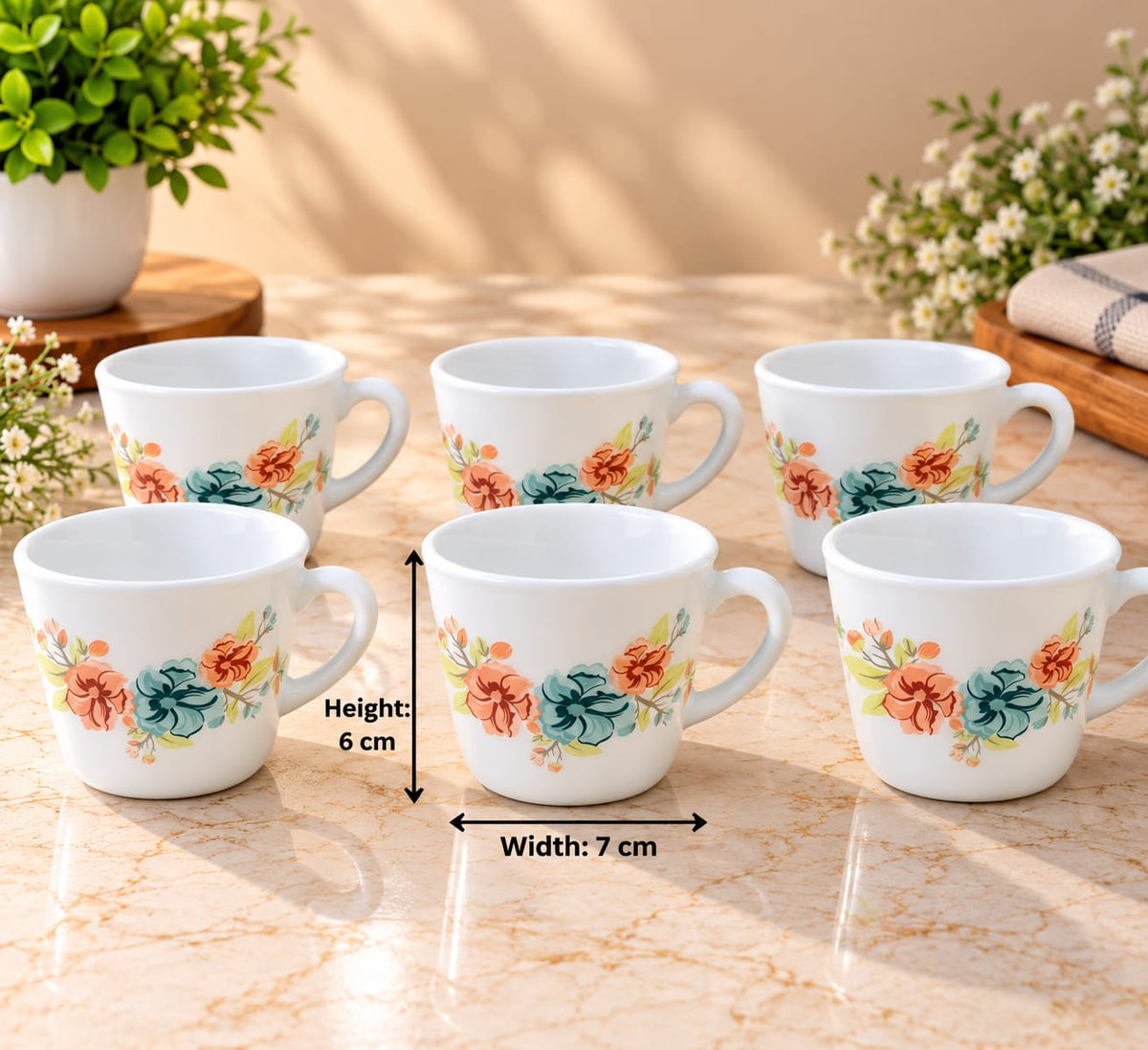 Cello Vogua Meadow Cup Set of 6, 100 ml, White Floral Printed Tea and Coffee Cups