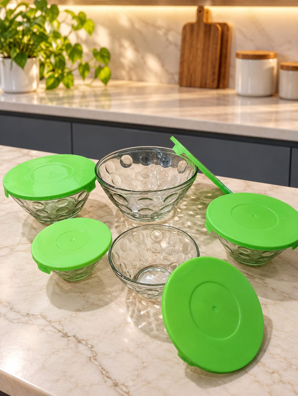 Polka Dot Pattern Glass Bowl Set Of 5 | Decorative Glass Serving Bowls with Green Base | Kitchen, Dining & Dessert Serving Bowls