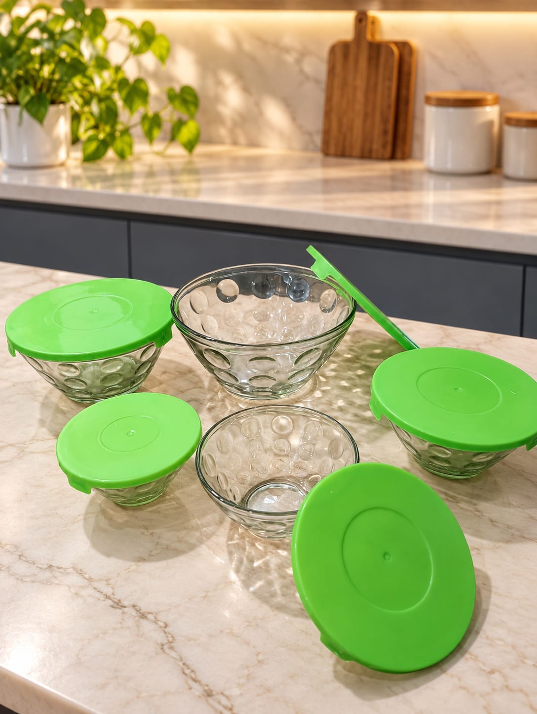 Polka Dot Pattern Glass Bowl Set Of 5 | Decorative Glass Serving Bowls with Green Base | Kitchen, Dining & Dessert Serving Bowls