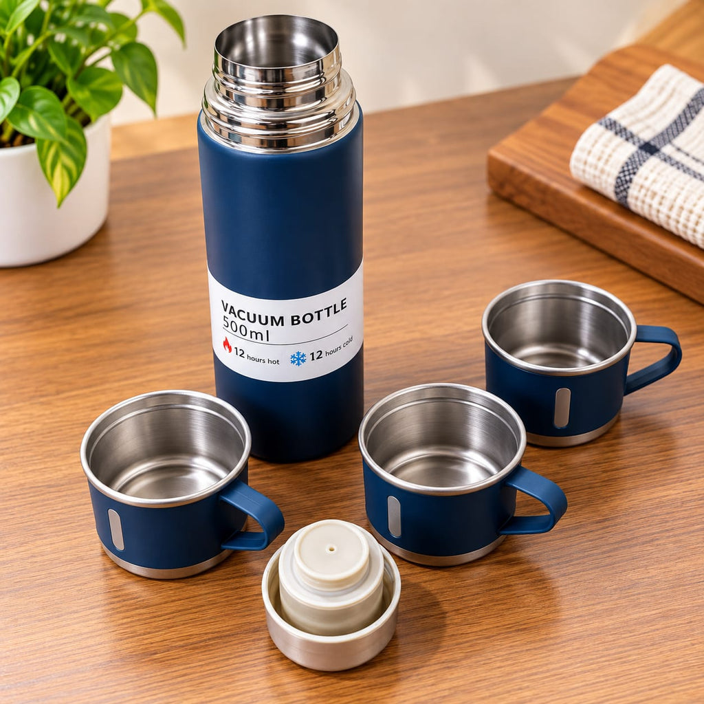 Vacuum Flask Set 500ML with 3 Stainless Steel Cups | Double Wall Insulated Thermos Bottle Set | Hot & Cold Water Flask for Home, Office & Travel