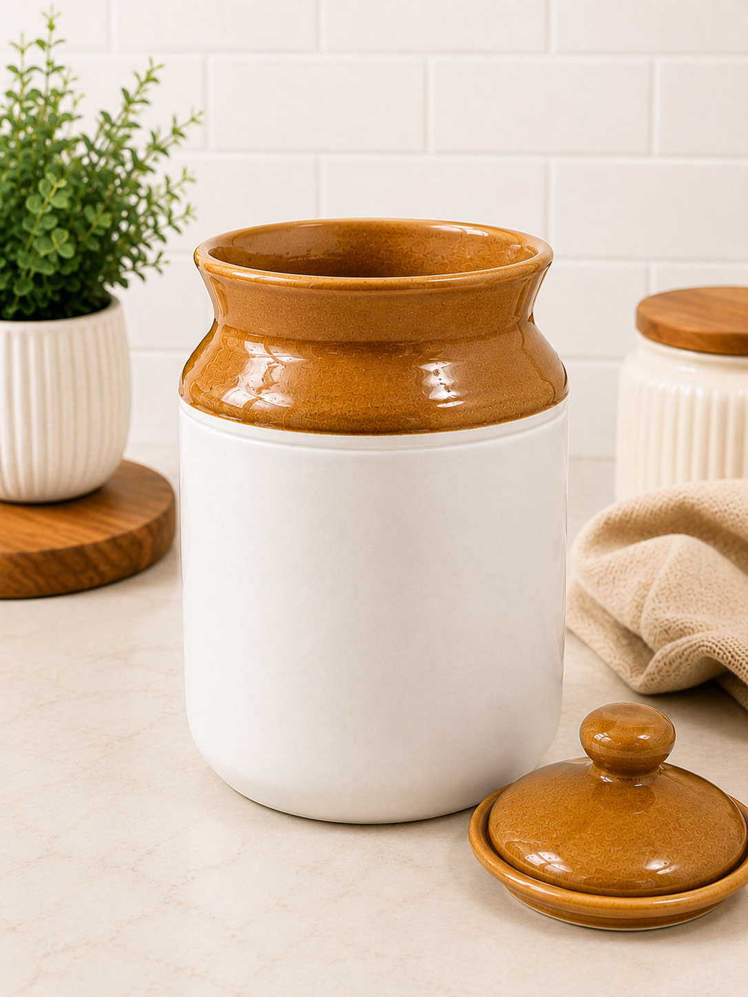 Barniwala 1500 ML Ceramic Cylindrical Storage Jar with Lid | Premium Kitchen Canister for Pickle, Achar, Spices, Dry Fruits, Snacks, Biscuits, Tea, Coffee & Pantry Storage