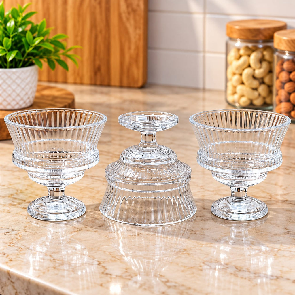 YUJING Glass Ware 260 ML Set of 3 | Premium Dessert Bowls with Footed Design | Transparent Glass Ice Cream Cups for Desserts, Pudding, Fruit, Custard & Snacks