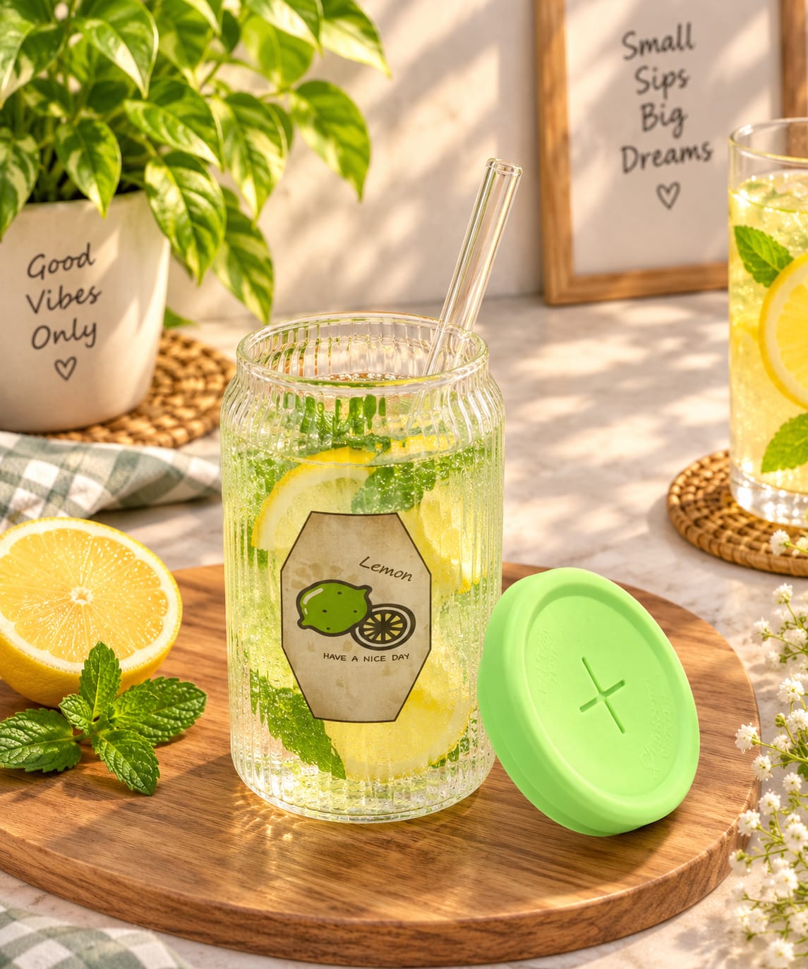 Glass Sipper with Straw, Transparent Ribbed Glass Water Bottle with Green Lid | Reusable Drinking Cup for Juice, Water, Lemonade, Cold Coffee & Beverages | Stylish Home, Office & Travel Drinkware