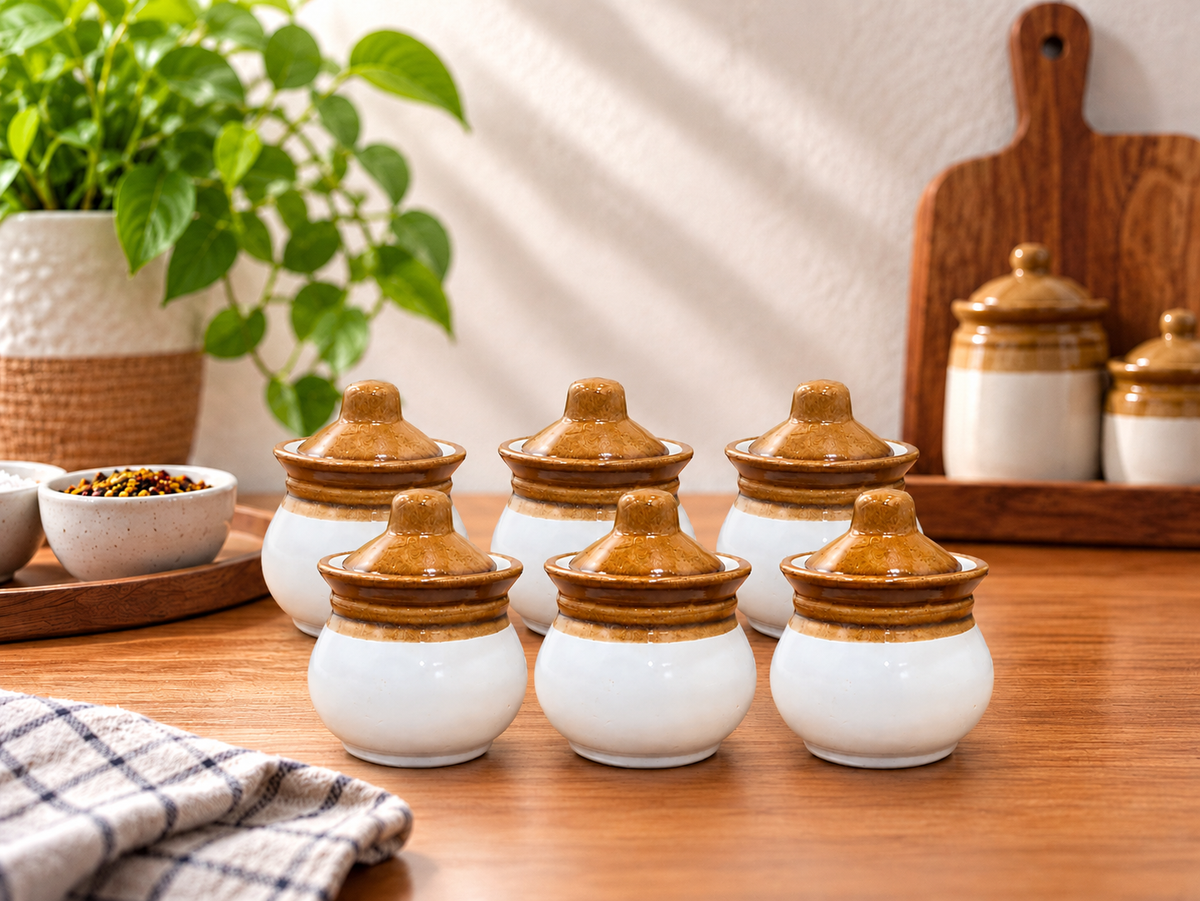Barniwala 150 ML Ceramic Handi Lota Storage Jars  with Lids Pack of 6 | Mini Traditional Kitchen Containers for Pickle, Achar, Spices, Sugar, Tea, Coffee, Dry Fruits & Snacks | Decorative Pantry Organizer & Food Storage Jars