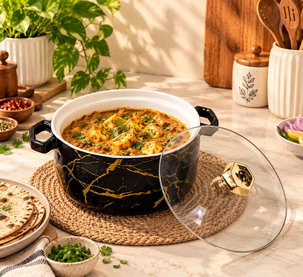 Ceramic Casserole with Glass Lid & Handles | Elegant Black Marble Design Serving & Storage Casserole Dish | Kitchen Hot Pot for Rice, Curry, Dal, Biryani, Pasta & Snacks | Stylish Table Serving Dish
