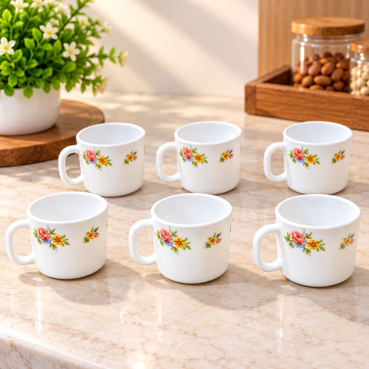 La Opala Patite Roses Cup Set of 6, 120 ML | Elegant Floral Design Tea & Coffee Cups | White Ceramic Look Tableware for Home, Office & Gifting