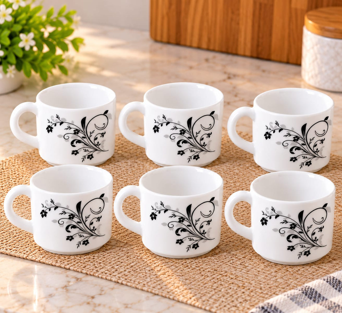 CELLO Roma Black Swirl Cups Set of 6, 140 ML Each | Elegant Printed Tea & Coffee Cups | Stylish Ceramic Cups for Home, Office & Gifting