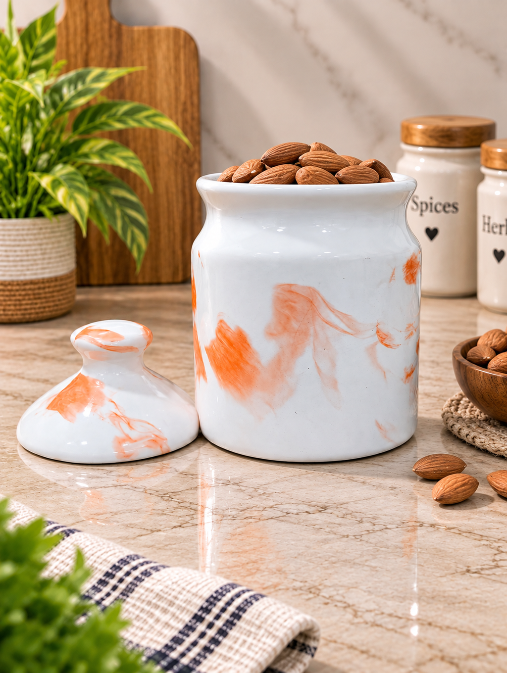 Barniwala 500 ML Ceramic Cutting Jar with Lid | Stylish Decorative Storage Container for Kitchen & Pantry | Ideal for Pickle, Achar, Spices, Dry Fruits, Snacks, Tea, Coffee & Sugar | Premium Ceramic Kitchen Organizer