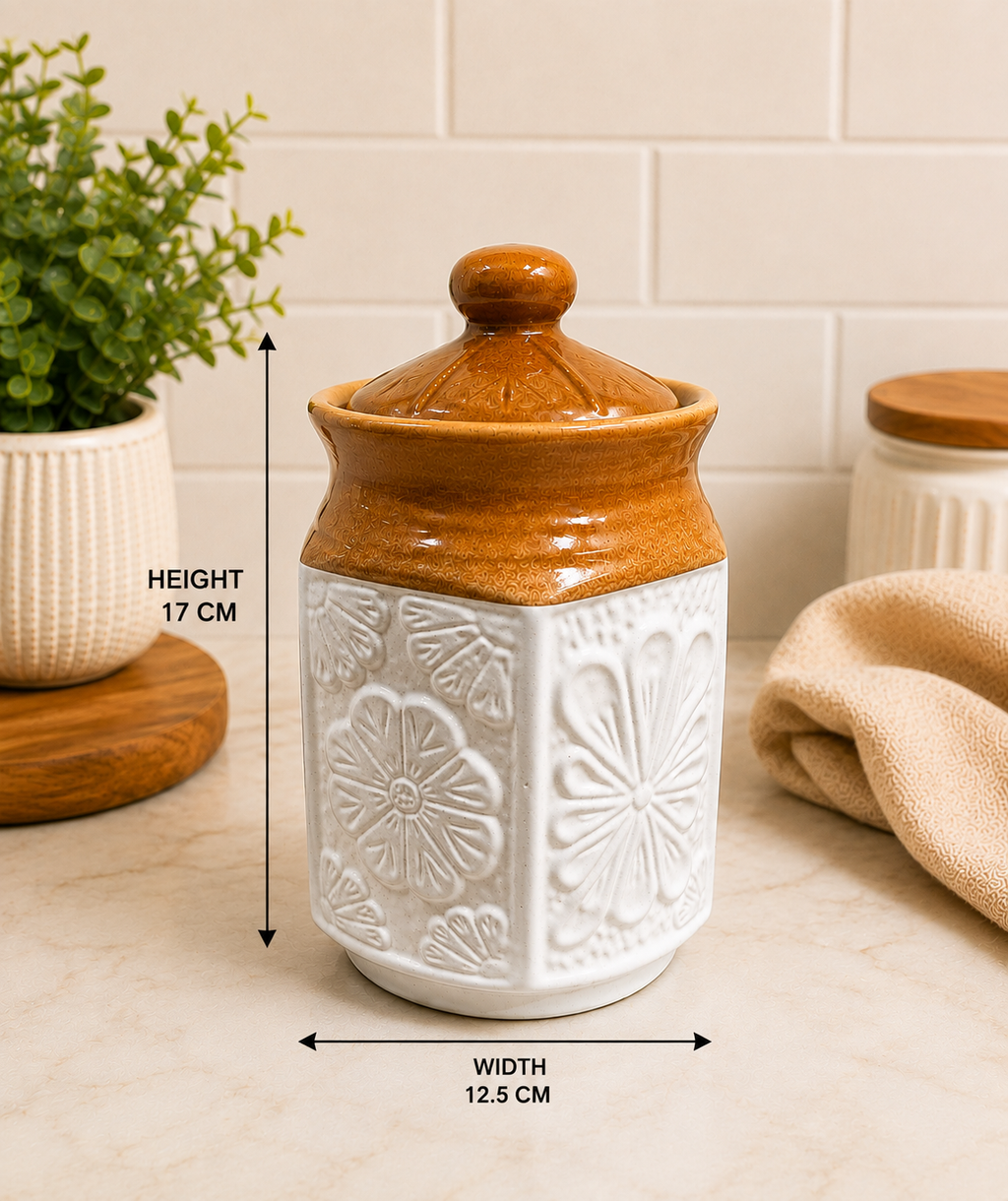 Barniwala 1500 ML Ceramic Carving Storage Jar with Lid | Premium Decorative Kitchen Container for Pickle, Achar, Spices, Sugar, Tea, Coffee, Dry Fruits & Snacks | Stylish Pantry Organizer & Food Storage Canister
