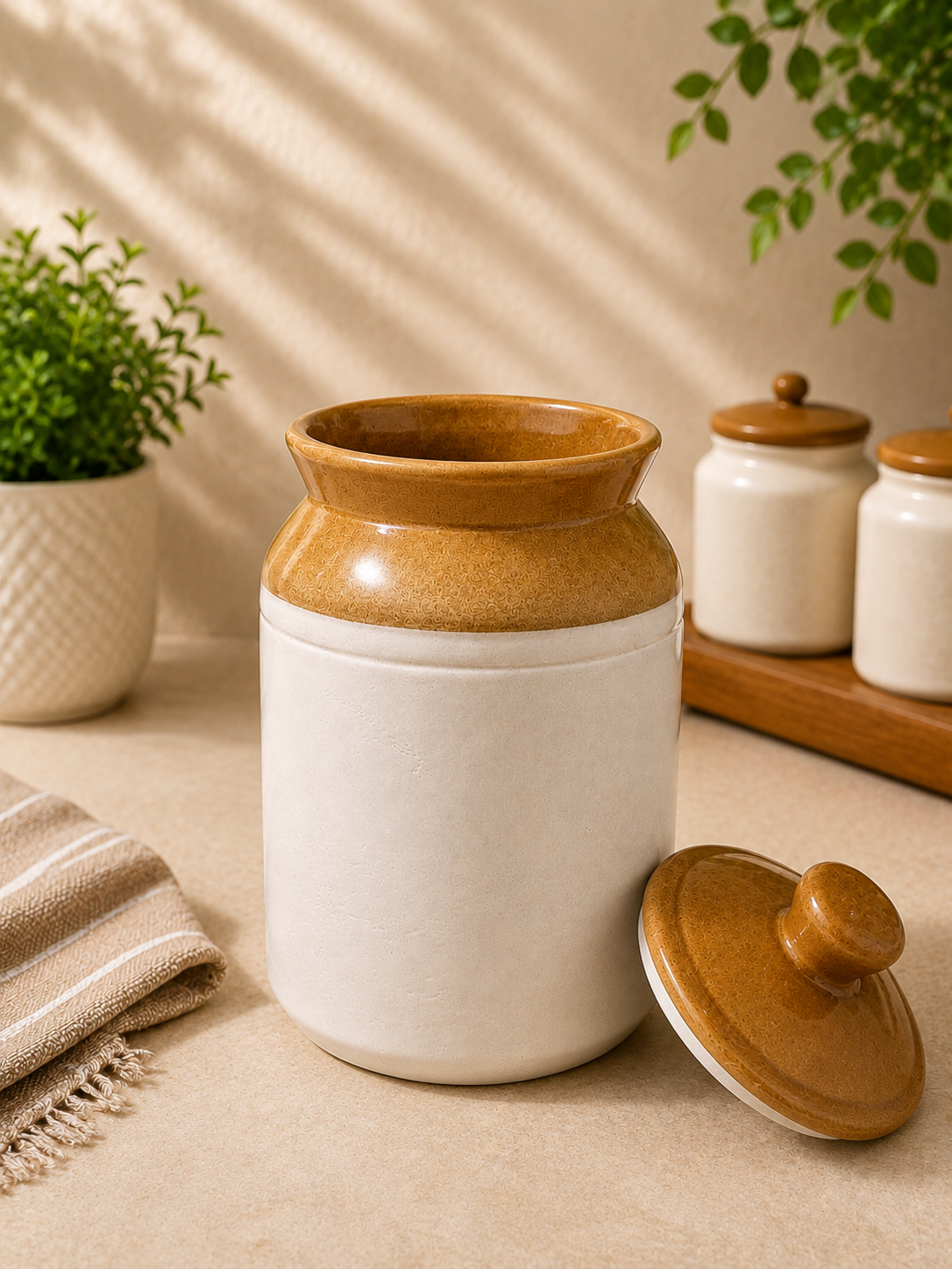 Barniwala 2500 ML Ceramic Cylindrical Storage Jar with Lid | Premium Large Kitchen Container for Pickle, Achar, Spices, Sugar, Tea, Coffee, Dry Fruits & Snacks | Stylish Pantry Organizer & Food Storage Canister