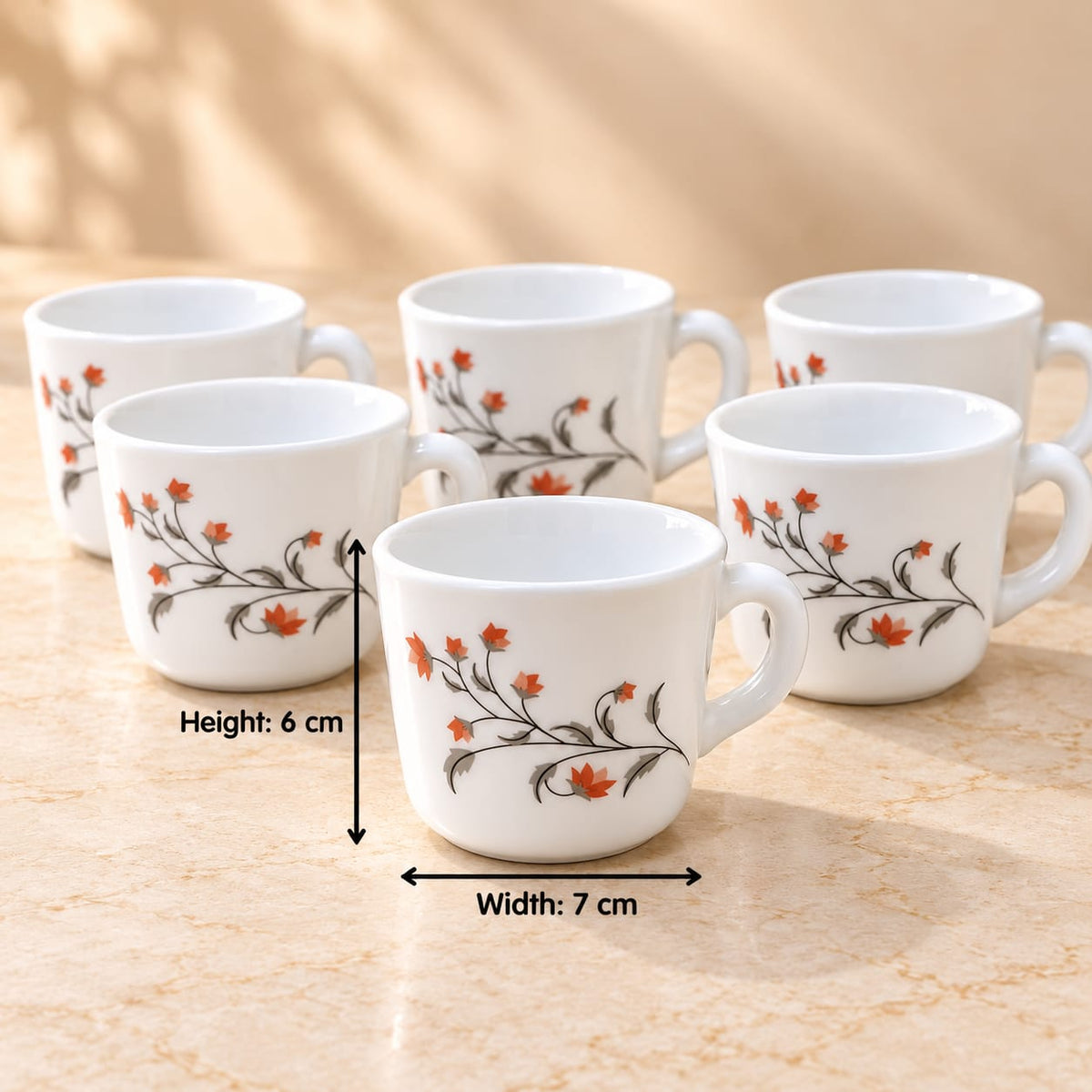 Cello Prince Cup Red Grapevine Printed Ceramic Cups Set of 6, 130 ml
