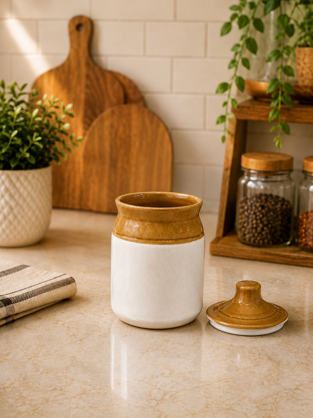 Barniwala 150 ML Ceramic Cylindrical Storage Jar with Lid | Premium Mini Kitchen Container for Pickle, Achar, Spices, Sugar, Tea, Coffee, Dry Fruits & Snacks | Stylish Pantry Organizer & Food Storage Canister