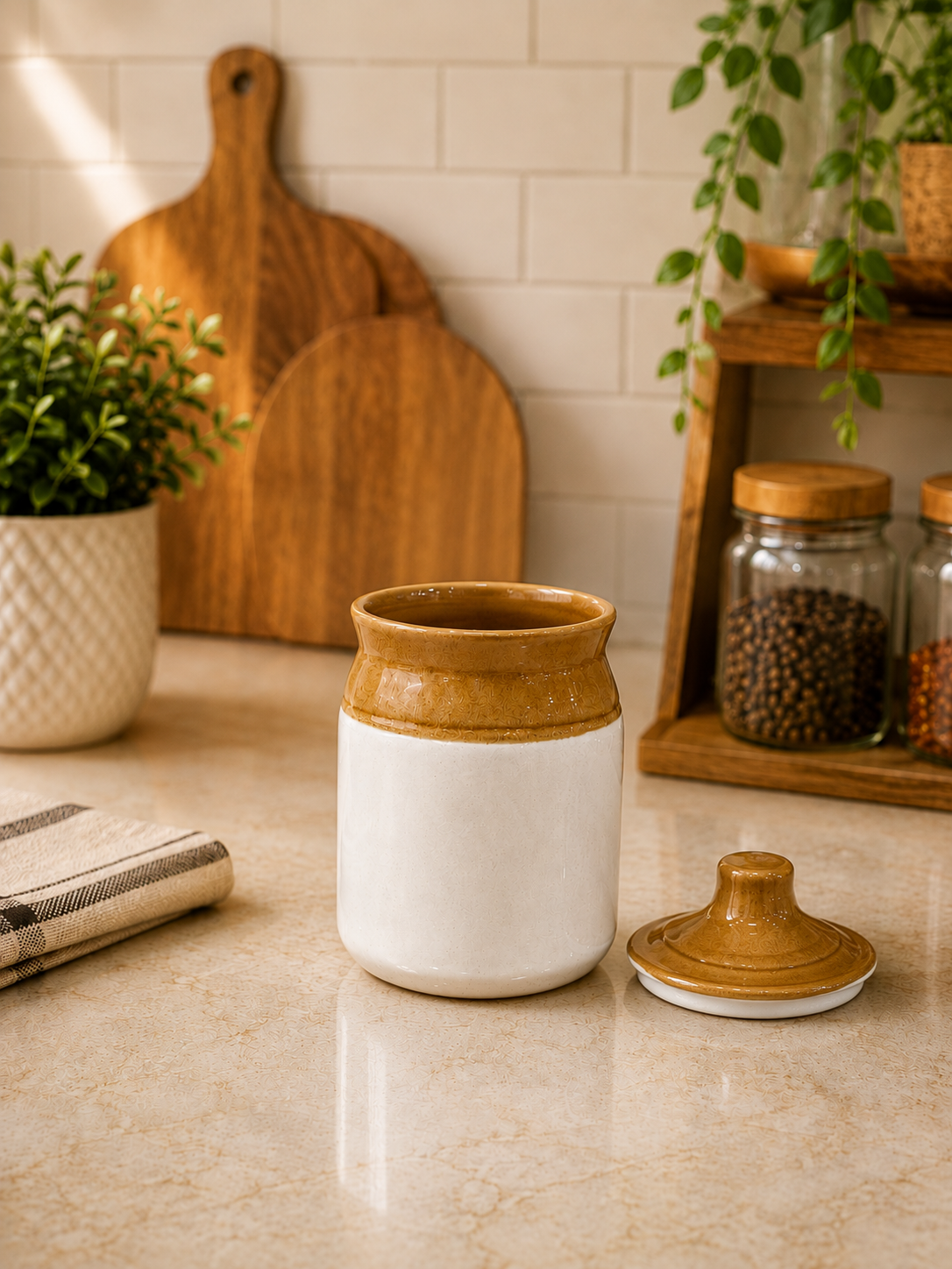 Barniwala 150 ML Ceramic Cylindrical Storage Jar with Lid | Premium Mini Kitchen Container for Pickle, Achar, Spices, Sugar, Tea, Coffee, Dry Fruits & Snacks | Stylish Pantry Organizer & Food Storage Canister