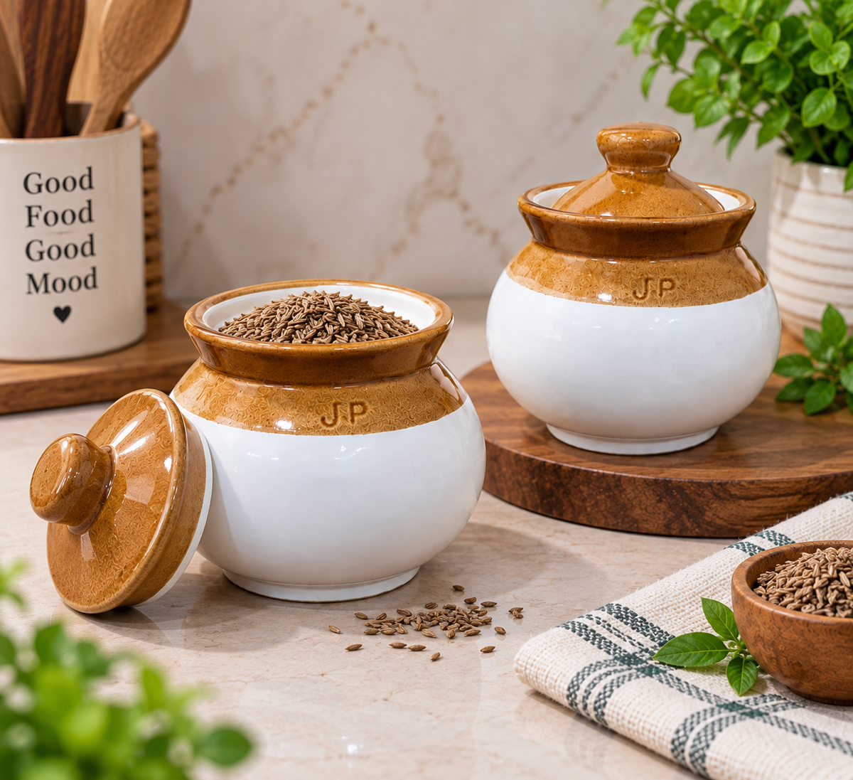300 ML Ceramic Handi Lota Storage Jar with Lid | Traditional Indian Matka Style Kitchen Container | Multipurpose Decorative Jar for Dry Fruits, Spices & Snacks | Pack of 2