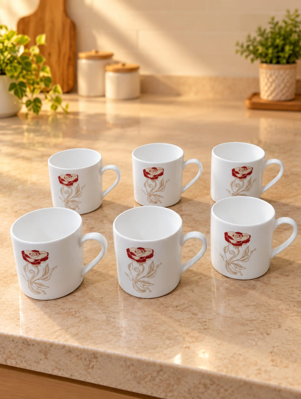 Clay Craft Cup Set 6 Pcs 200 ML Mini Raja 039 | White Tea & Coffee Cups with Red Rose Floral Design | Stylish Mini Cups for Tea, Coffee & Serving