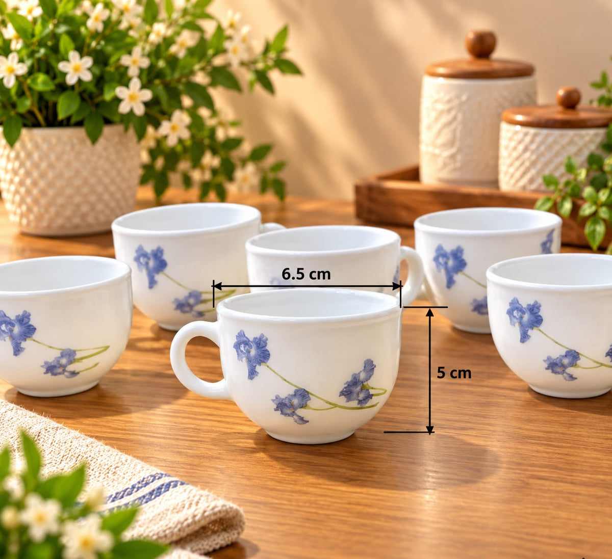 La Opala Blue Orchids Cup Set of 6, 100 ML | Elegant White Cups with Blue Floral Design | Premium Opalware Tea & Coffee Cups for Home, Office & Gifting