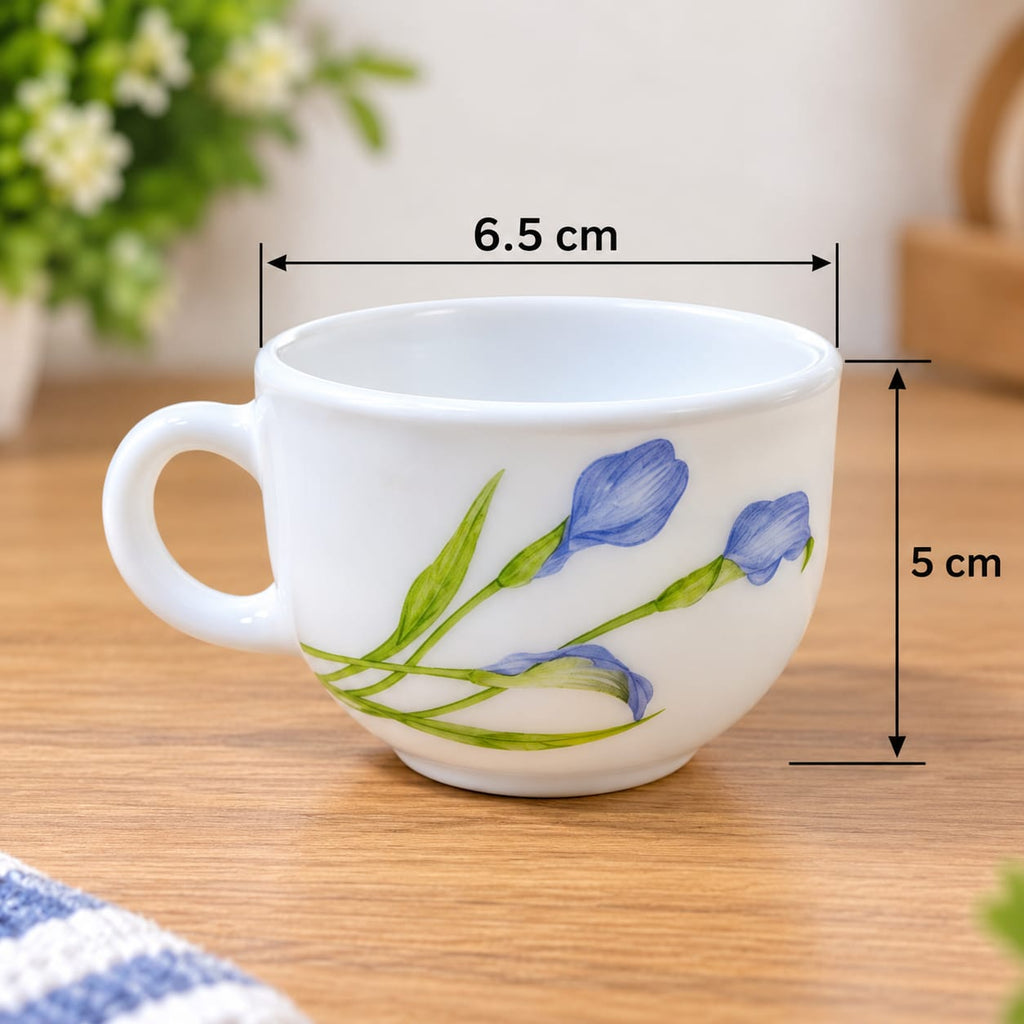 La Opala Tender Trio Cup Set of 6 Pieces, 100 ML Each | White Opalware Tea & Coffee Cups with Elegant Blue Floral Design