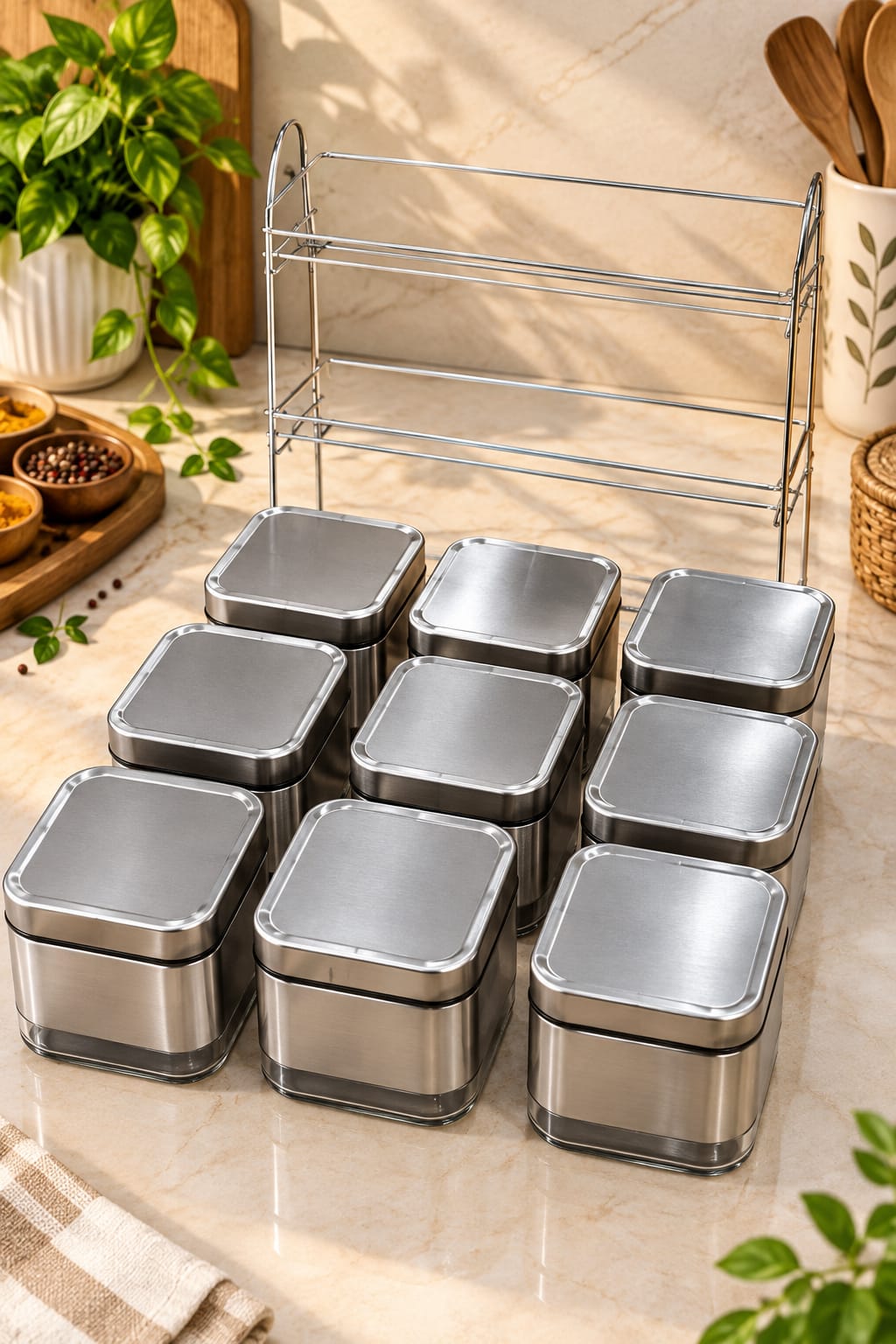 Barniwala 9 Pcs Steel & Glass Canister Set with Lids | Premium Kitchen Storage Containers for Tea, Coffee, Sugar, Spices, Dry Fruits, Pulses & Snacks | Modern Pantry Organizer