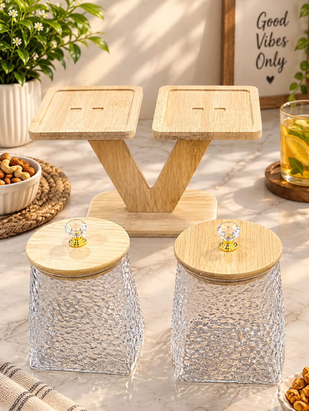 Barniwala Set of 2 Round Heaven & Square Earth Wavy Pattern Glass Storage Jars with Bamboo Lids & Crystal Knobs, Decorative Kitchen Containers for Dry Fruits, Nuts, Snacks & Spices