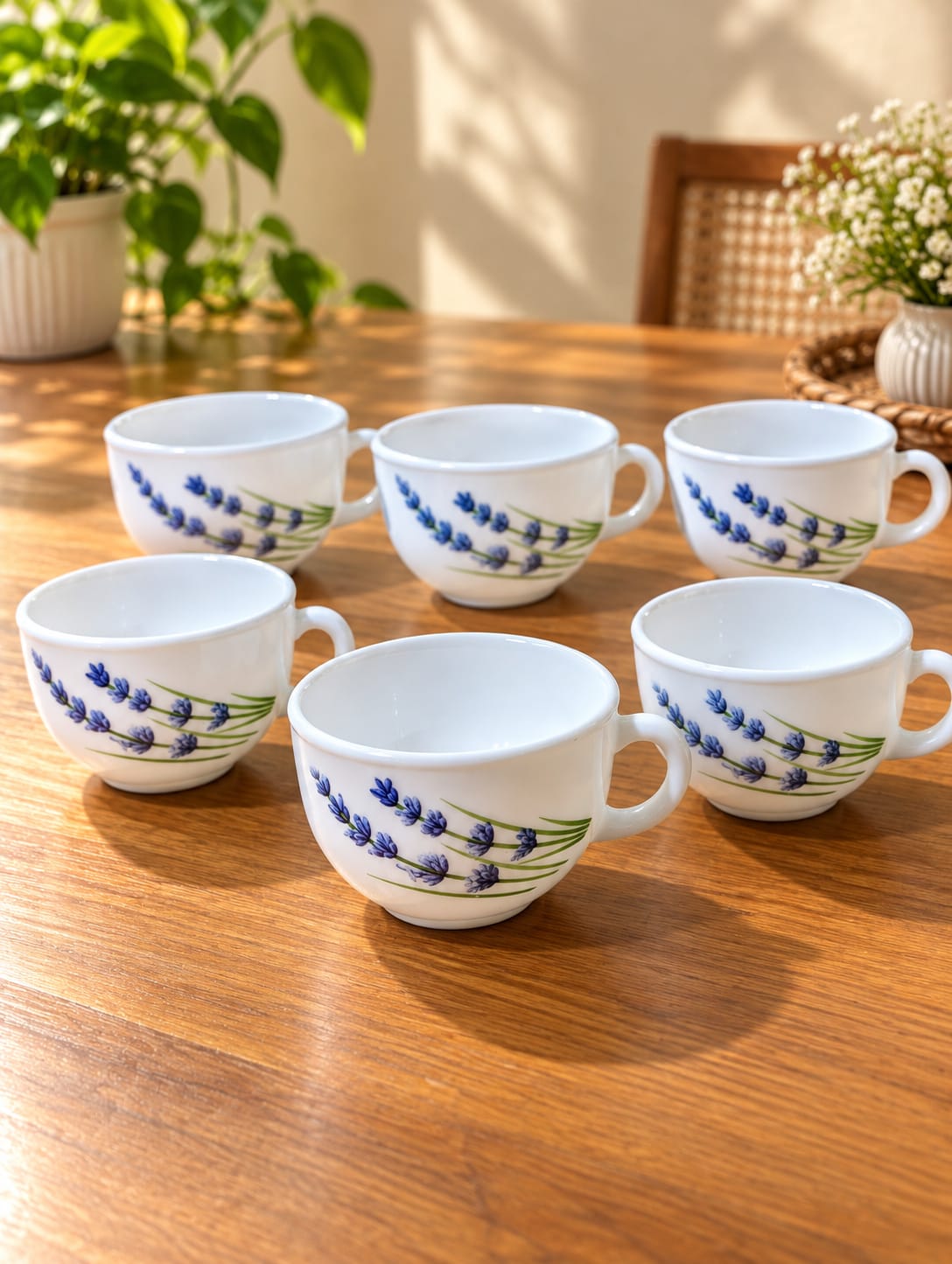 La Opala English Lavender Cups Set of 6, 100 ml | Elegant White Ceramic Cups with Blue Lavender Floral Design | Tea, Coffee & Serving Cups
