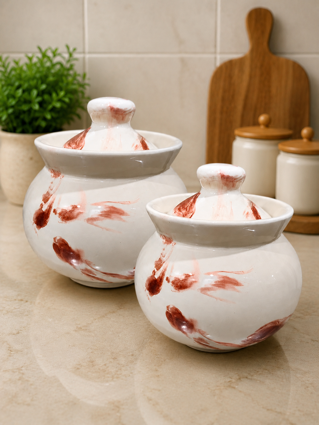 Barniwala 350 ML Ceramic Marbled Handi Storage Jar with Lid | Pack of 2 | Decorative Kitchen Canister for Pickle, Spices, Sugar, Tea, Coffee, Dry Fruits & Snacks