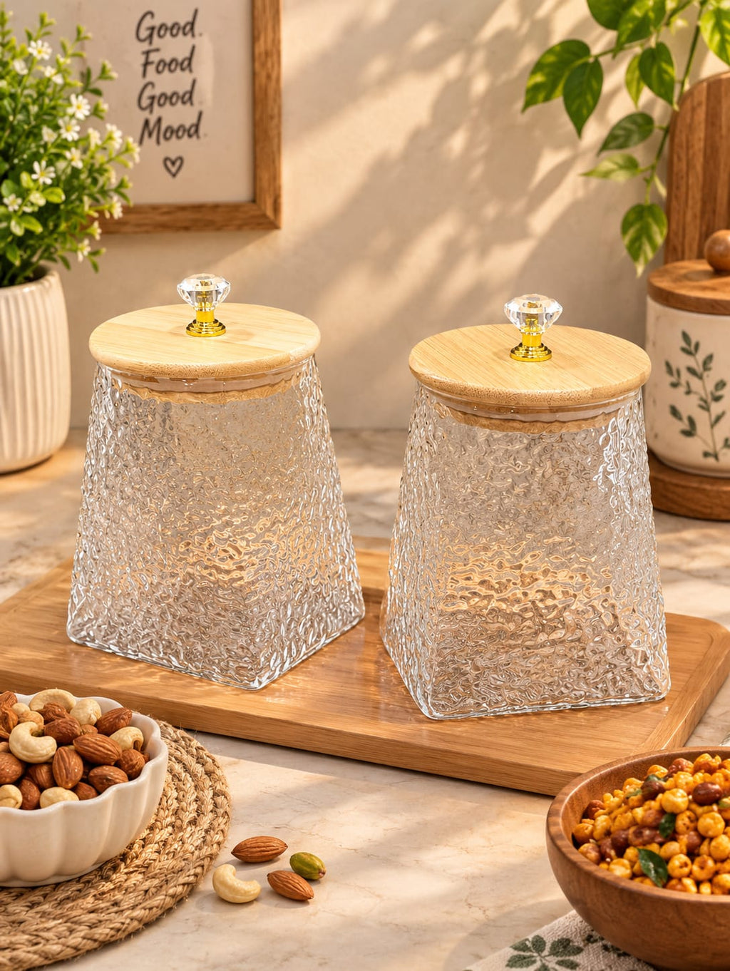Barniwala Set of 2 Round Heaven & Square Earth Wavy Pattern Glass Storage Jars with Bamboo Lids & Crystal Knobs, Decorative Kitchen Containers for Dry Fruits, Nuts, Snacks & Spices