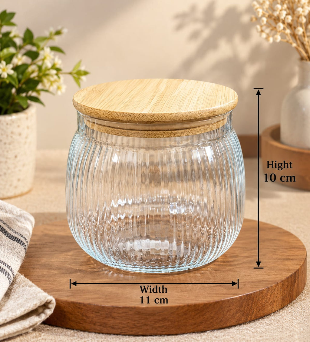 Glass Storage Jar with Bamboo Lid pack of 1 | Ribbed Textured Glass Container | Premium Kitchen Storage Jar for Dry Fruits, Nuts, Spices, Sugar, Tea, Coffee & Snacks