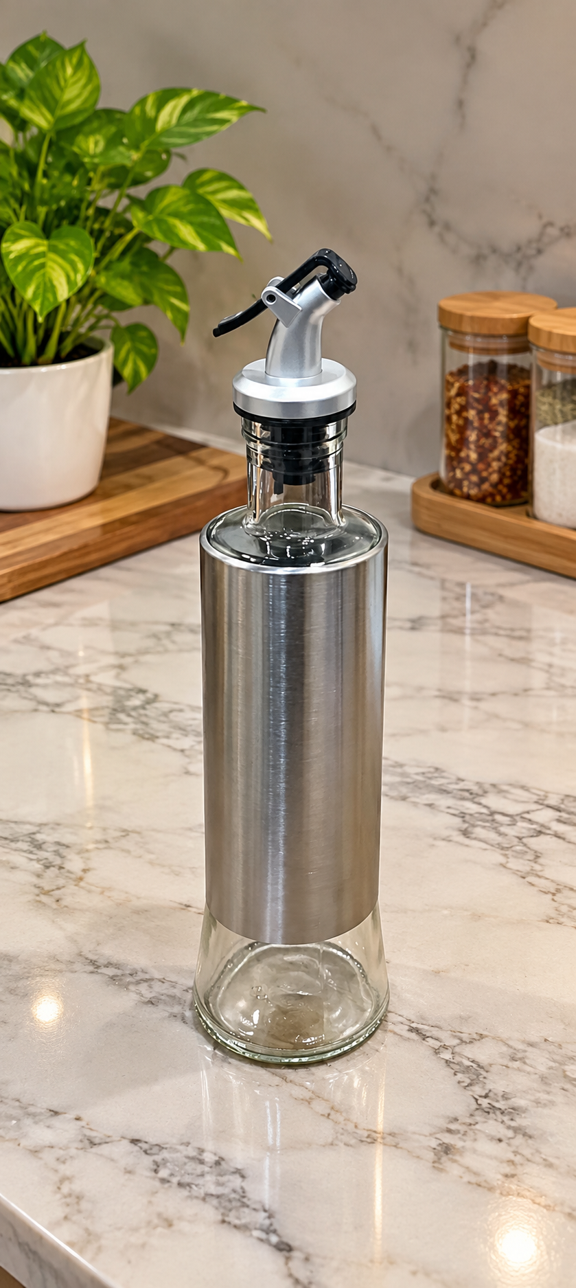 Oil and Vinegar Bottle with Easy Press Pourer, Stainless Steel & Clear Glass Oil Dispenser | Cooking Oil, Vinegar, Sauce & Dressing Bottle for Kitchen, Dining Table & Restaurant