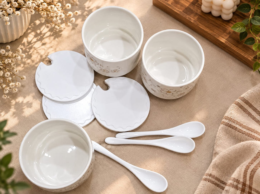 Barniwala Ceramic Storage Jars with Lids, Pack of 3 | Premium Floral Kitchen Containers with Serving Tray & Spoons | Multipurpose Spice, Dry Fruit, Sugar, Tea, Coffee & Snack Storage Set