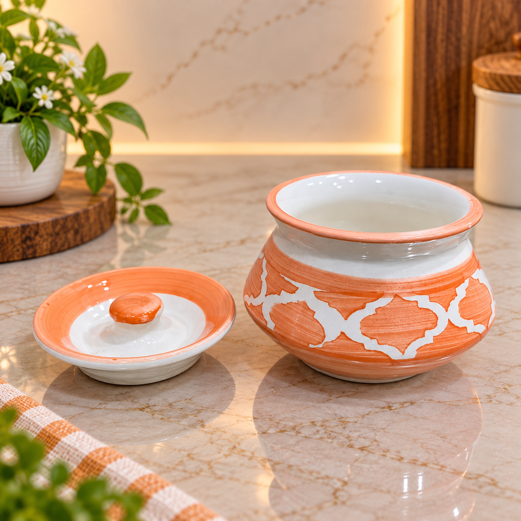 Barniwala 150 ML Ceramic Fancy Handi Storage Jar with Lid, Pack of 4 | Decorative Mini Kitchen Container for Pickle, Achar, Spices, Sugar, Tea, Coffee & Dry Fruits | Traditional Ceramic Food Storage Canister