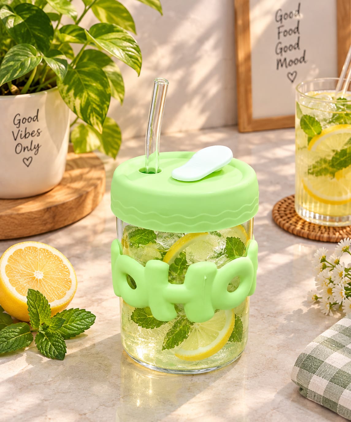 HOHO Glass Sipper with Straw & Lid, Cute Green Cartoon Design Glass Tumbler | Reusable Drinking Cup for Water, Juice, Lemonade, Cold Coffee & Smoothies | Stylish Drinkware for Home, Office & Travel
