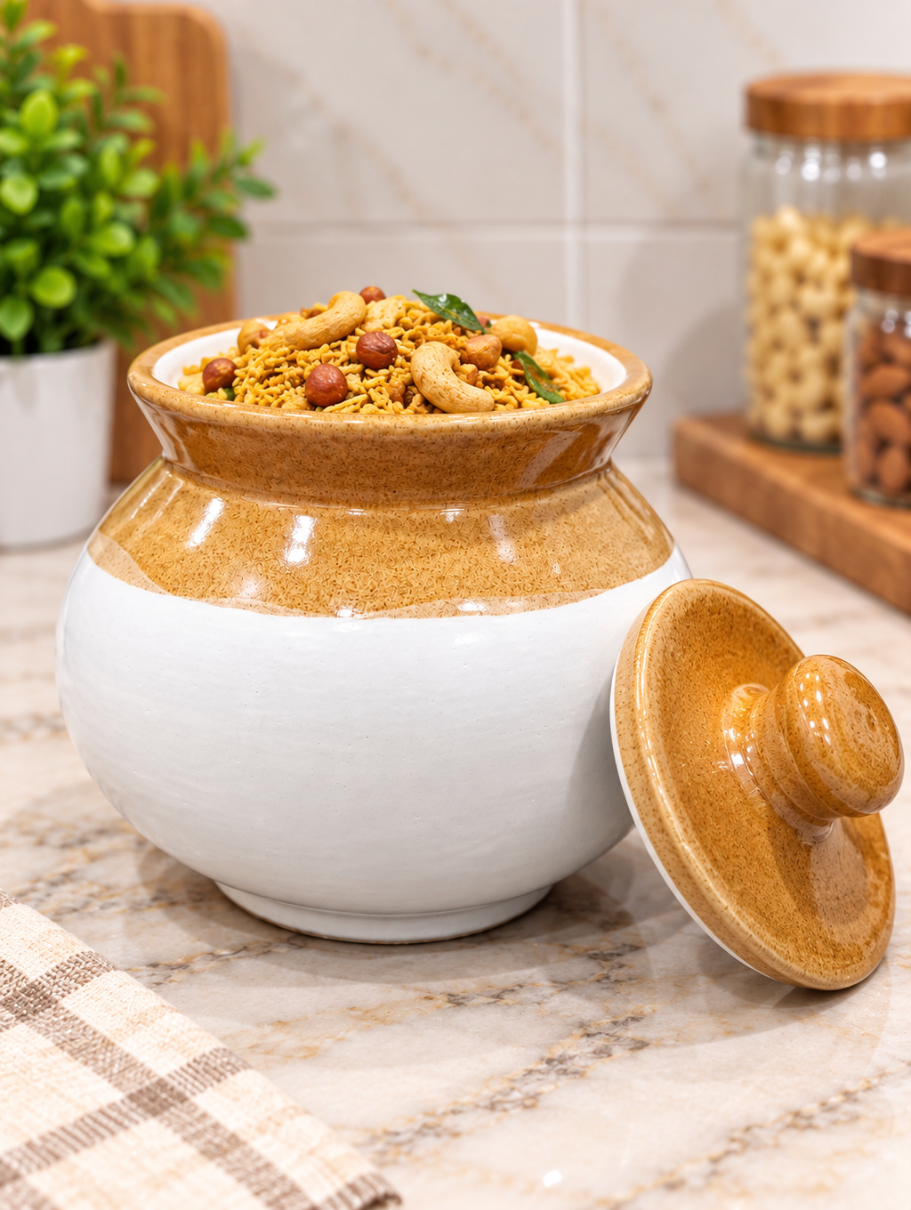 Barniwala 350 ML Ceramic Loota Handi Storage Jar with Lid | Traditional & Decorative Kitchen Container for Pickle, Achar, Spices, Sugar, Tea, Coffee, Dry Fruits & Snacks | Food Storage Pot