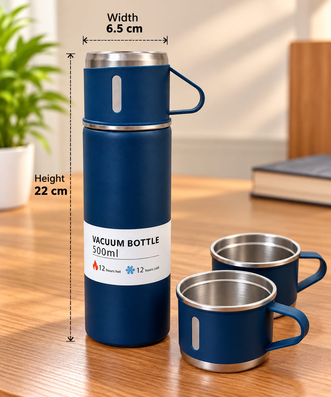 Vacuum Flask Set 500ML with 3 Stainless Steel Cups | Double Wall Insulated Thermos Bottle Set | Hot & Cold Water Flask for Home, Office & Travel