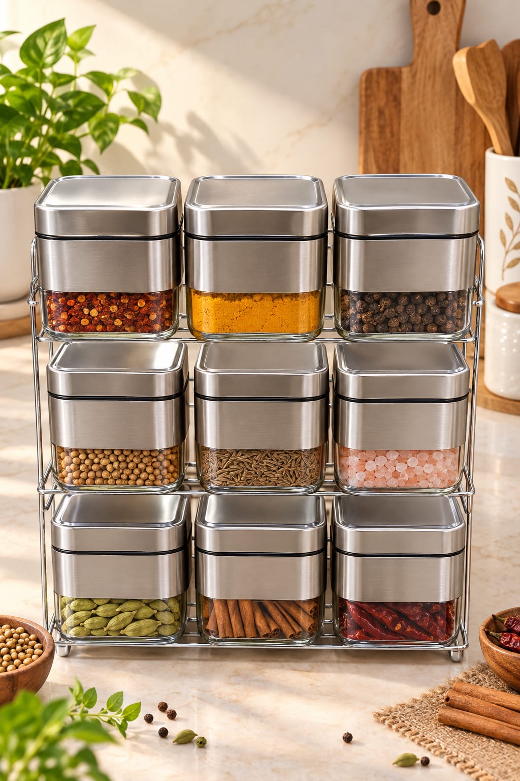 Barniwala 9 Pcs Steel & Glass Canister Set with Lids | Premium Kitchen Storage Containers for Tea, Coffee, Sugar, Spices, Dry Fruits, Pulses & Snacks | Modern Pantry Organizer
