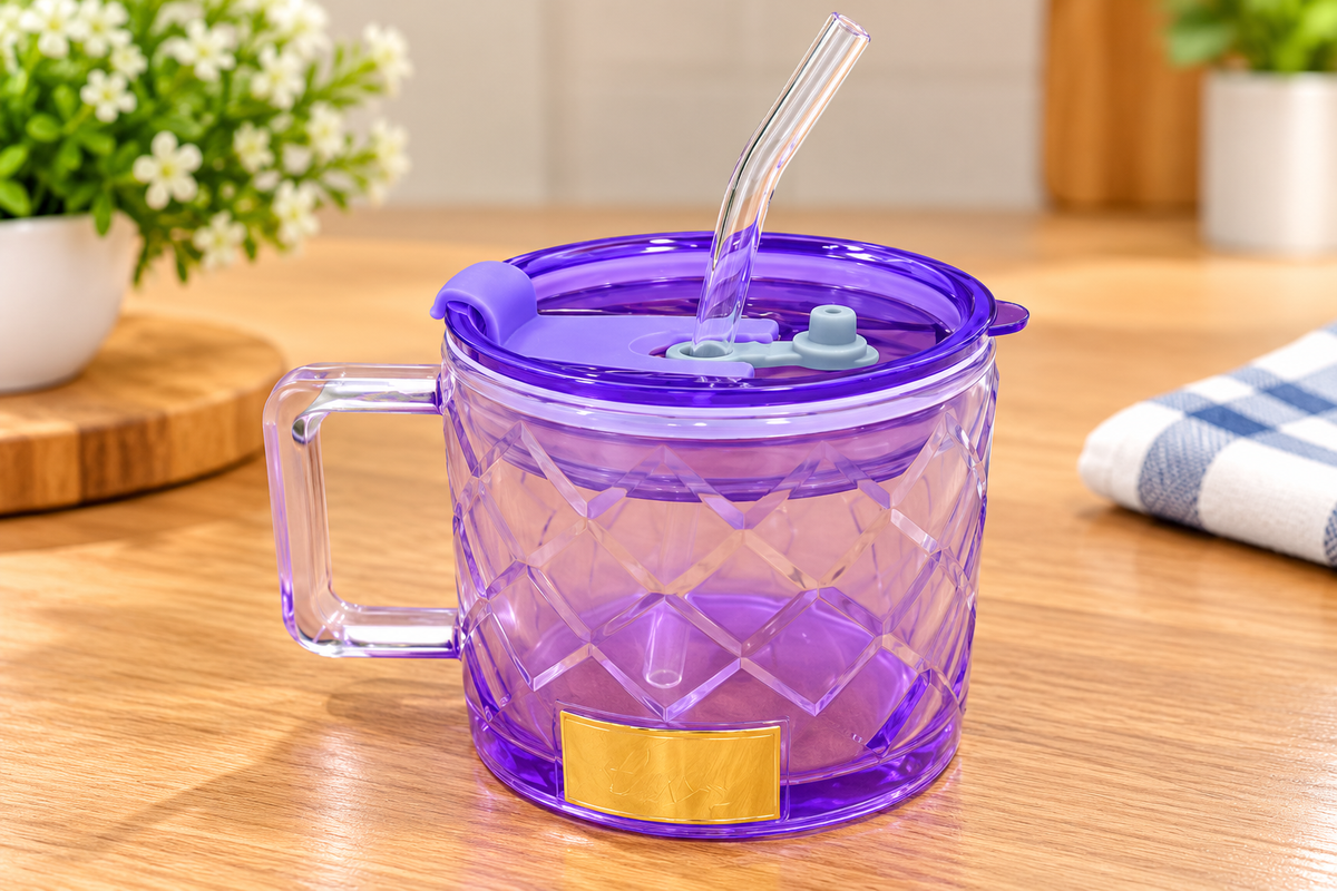 Barniwala Glass Mug with Lid and Straw, Purple Crystal Design Drinking Mug with Handle, Reusable Glass Coffee Tea Juice Mug for Home Office Kitchen