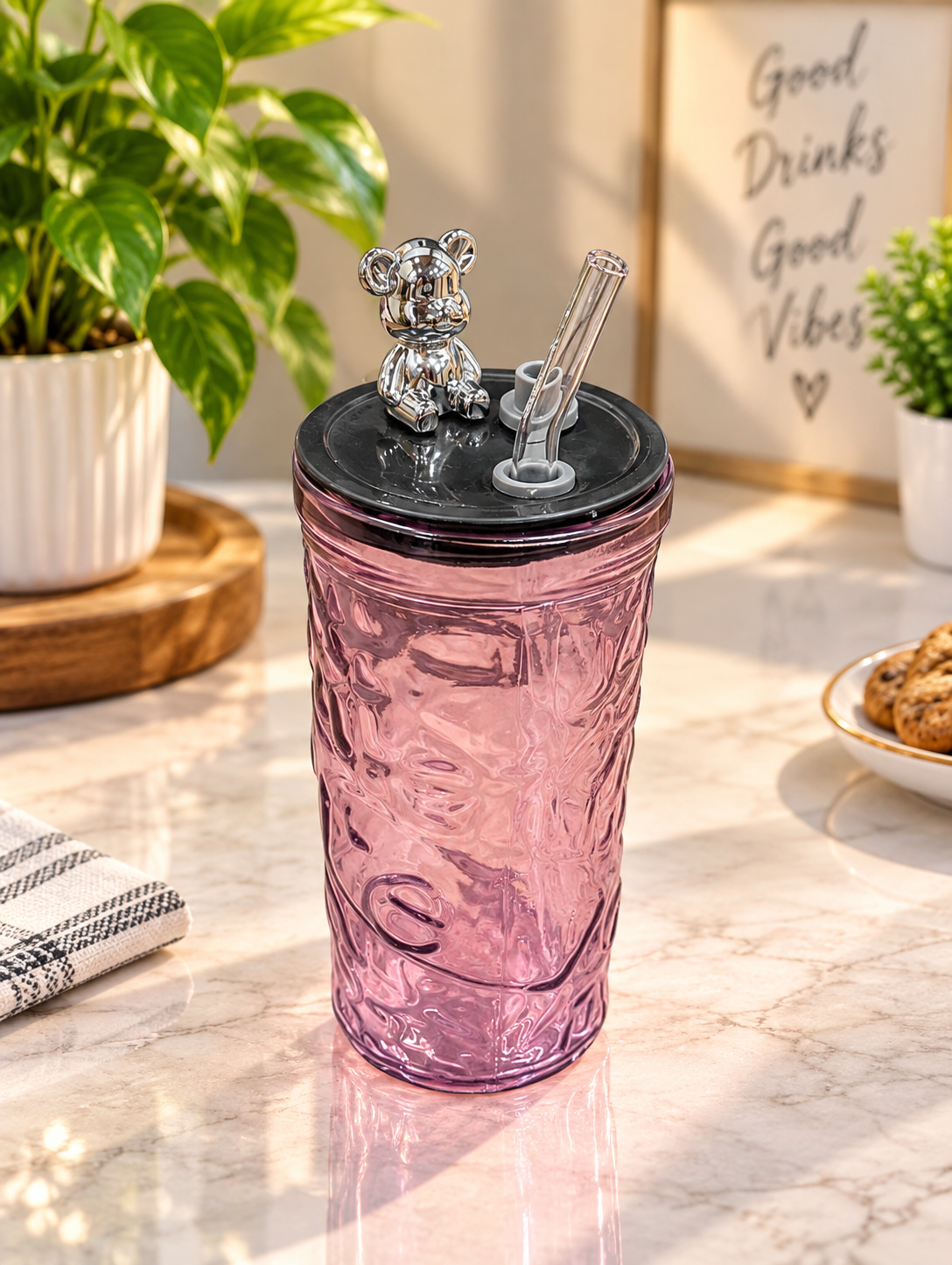 Diamond Glass Purple Pack of 1 | Stylish Textured Glass Tumbler with Lid & Straw | Premium Drinking Cup for Juice, Water, Cold Coffee, Milkshake & Mocktails | Reusable Glass Cup