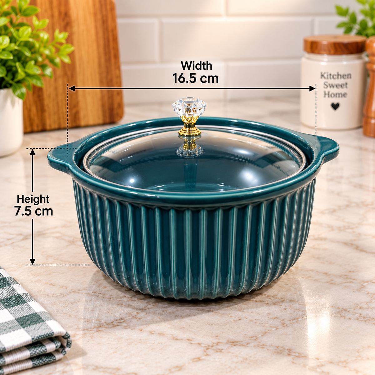 Barniwala Ceramic Soup Bowl with Glass Lid, Deep Teal Ribbed Serving Bowl | Multipurpose Ceramic Casserole Bowl for Soup, Dal, Curry, Pasta, Rice & Food Serving | Elegant Kitchen & Dining Bowl