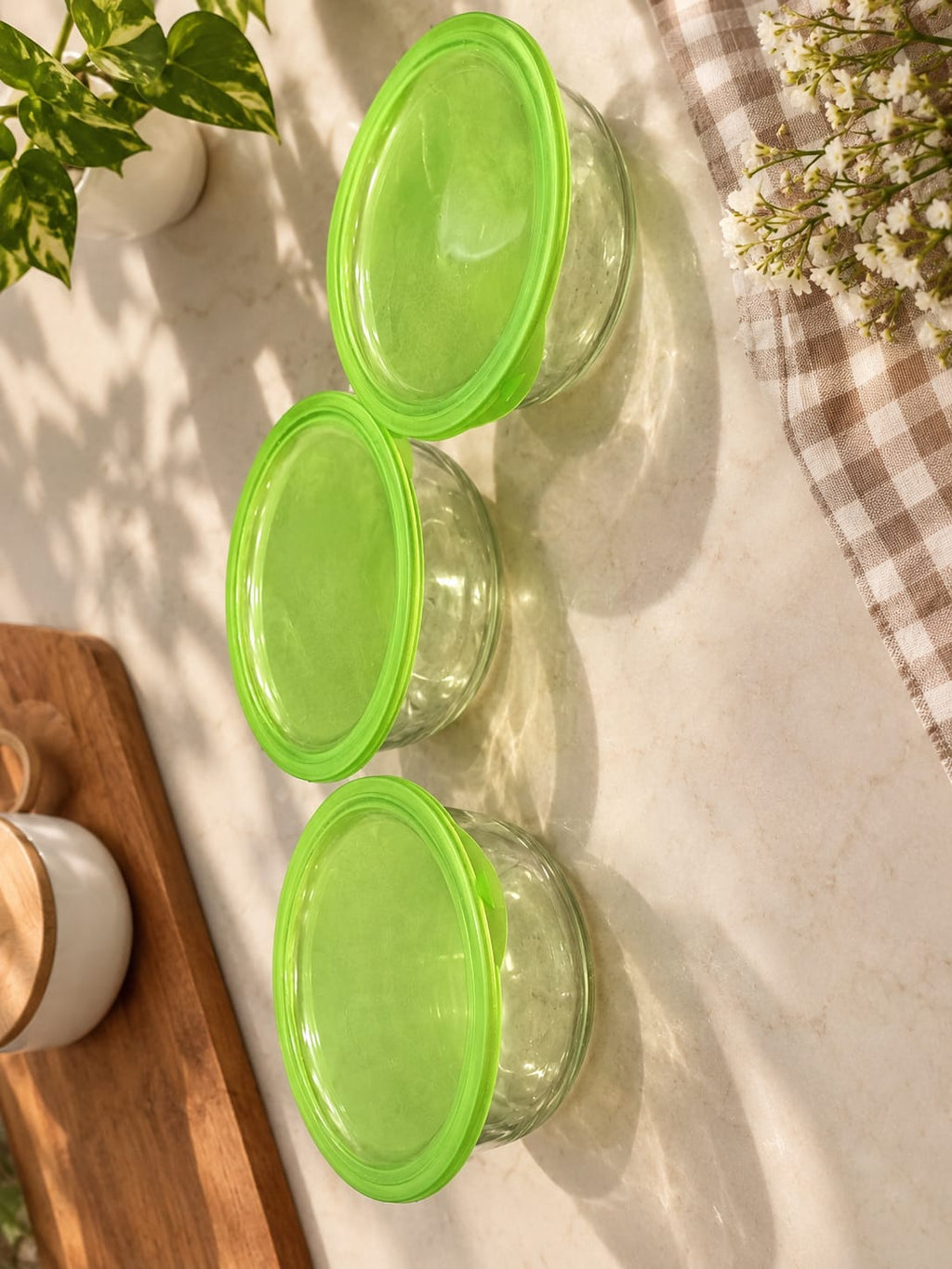 Barniwala Glass Storage Bowls with Green Airtight Lids, Pack of 3 | Transparent Kitchen Containers for Dry Fruits, Nuts, Snacks, Fruits, Leftovers & Food | Multipurpose Refrigerator & Pantry Organizer