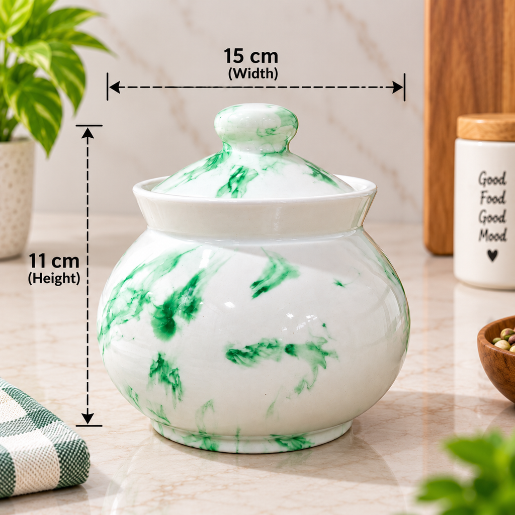 Barniwala 500 ML Ceramic Marble Handi Storage Jar with Lid | Premium Decorative Kitchen Container for Pickle, Achar, Spices, Dry Fruits & Snacks