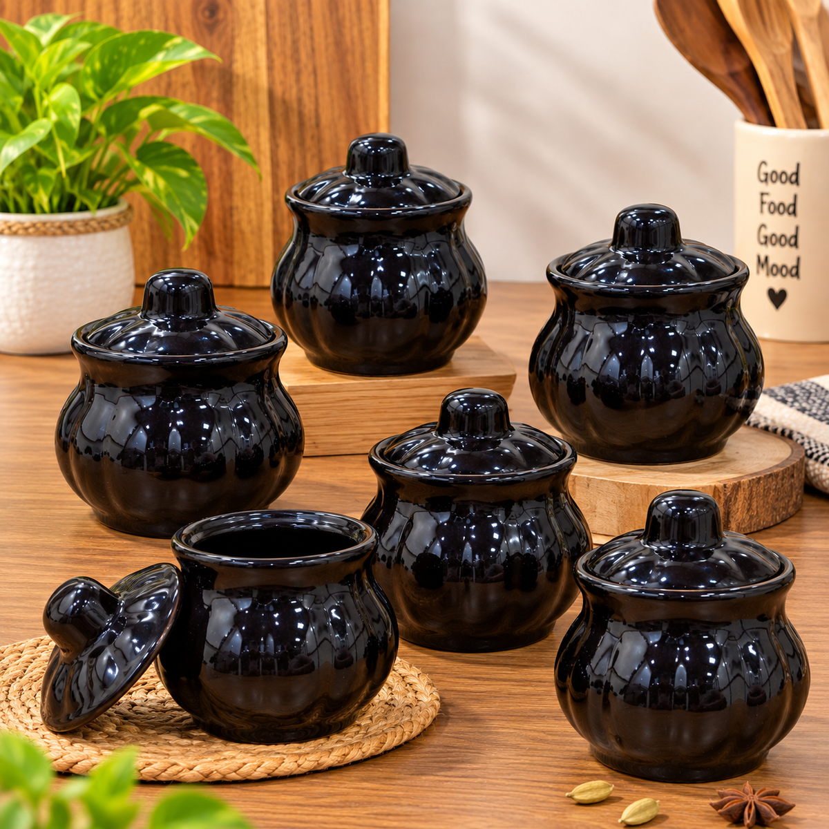 Barniwala 200 ML Ceramic Black Tamatar Loota Storage Jars with Lid | Pack of 6 | Premium Kitchen Containers for Pickle, Achar, Spices, Sugar, Tea, Coffee, Dry Fruits & Snacks | Stylish Pantry Organizer