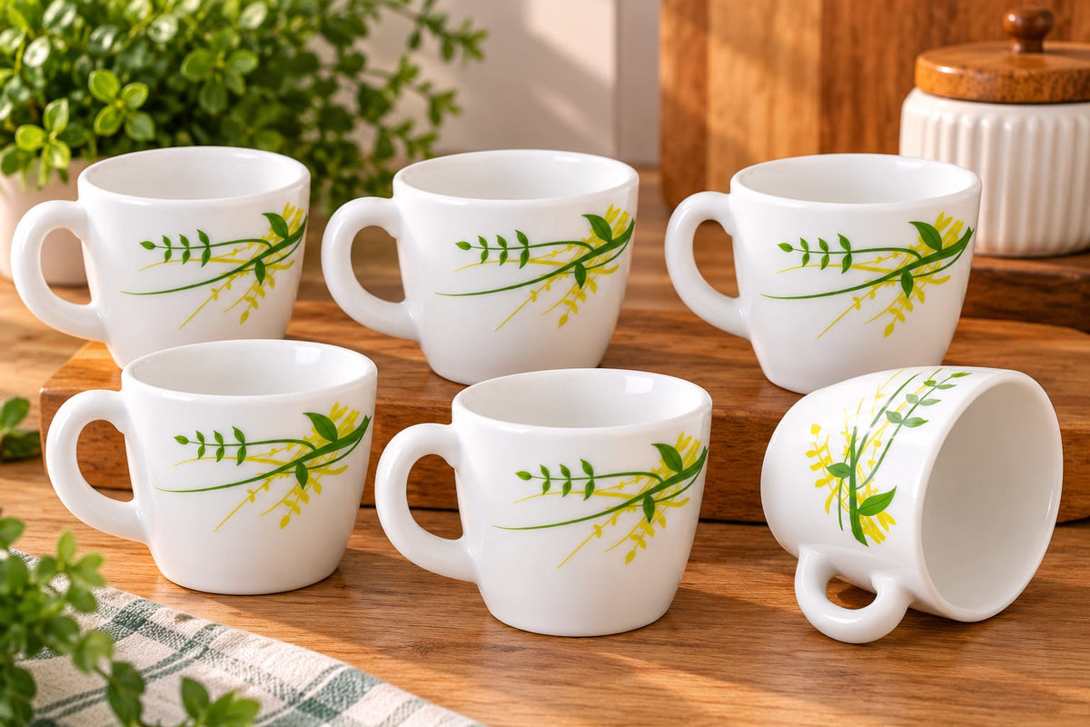 LARAH Green Herbs Cup Set of 6 | 100 ML Small  Coffee & Tea Cups | White Cups with Green & Yellow Leaf Design | Elegant Tea Cups for Home, Office & Gifting