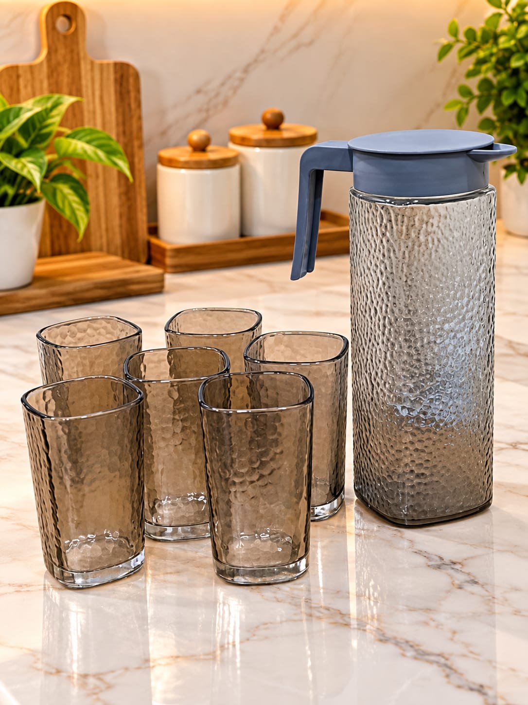 Glass Water Jug Set with 6 Glasses | Textured Transparent Jug with Lid & Handle | Stylish Drinking Water Pitcher Set for Home, Kitchen, Dining & Parties