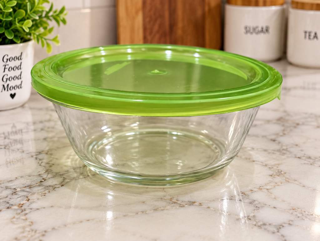 Barniwala Glass Bowl with Green Airtight Lid, 1 Pc | Transparent Kitchen Storage Container for Dry Fruits, Nuts, Snacks, Fruits, Leftovers & Food | Multipurpose Refrigerator & Pantry Organizer