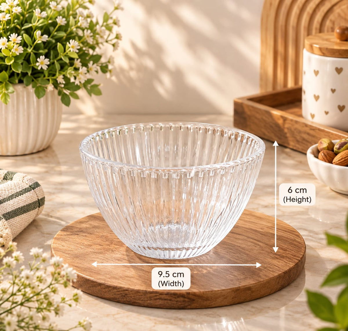 Dessert Glass Bowls Set of 6 | Fluted Ribbed Floral Pattern Glass Bowls with Decorative Flower Base | Elegant Ice Cream Dessert Serving Bowls for Pudding, Mousse, Fruits, Custard, Sweets & Snacks
