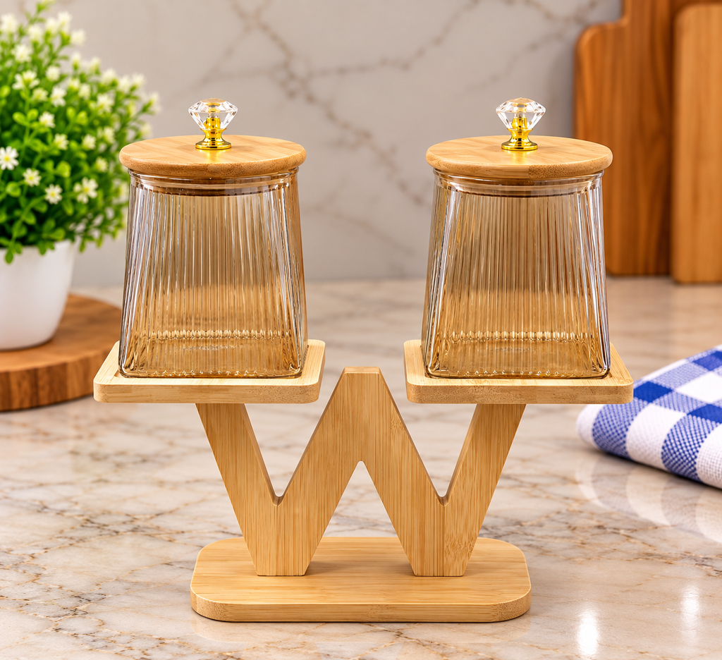 Barniwala Set of 2 Round Heaven & Square Earth Fluted Pattern Glass Storage Jars with Bamboo Lids & Crystal Knobs, Decorative Kitchen Containers for Dry Fruits, Nuts, Snacks & Spices