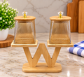 Barniwala Set of 2 Round Heaven & Square Earth Fluted Pattern Glass Storage Jars with Bamboo Lids & Crystal Knobs, Decorative Kitchen Containers for Dry Fruits, Nuts, Snacks & Spices