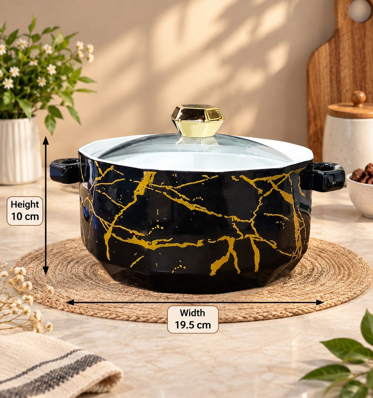 Ceramic Casserole with Glass Lid & Handles | Elegant Black Marble Design Serving & Storage Casserole Dish | Kitchen Hot Pot for Rice, Curry, Dal, Biryani, Pasta & Snacks | Stylish Table Serving Dish